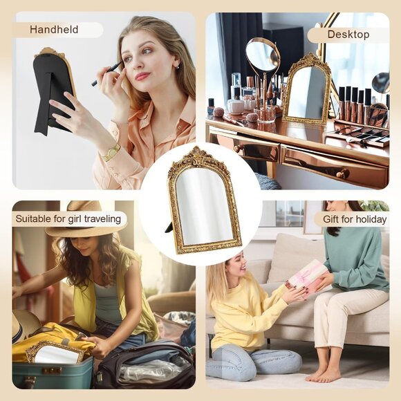 Vintage Makeup Desk Mirror 7 Inch Gold Antique Mirror Frame Decorative Wall Art - Picture 7 of 8